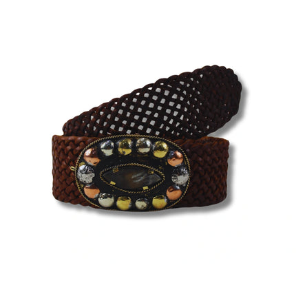 Cinturón Ancho de Cuero Trenzado | Hebilla Étnica Decorativa (CJ62072)