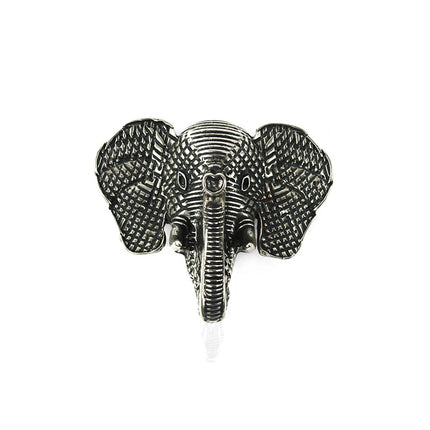 Hebilla de metal con forma de cabeza de elefante texturizada en acabado plata vieja.