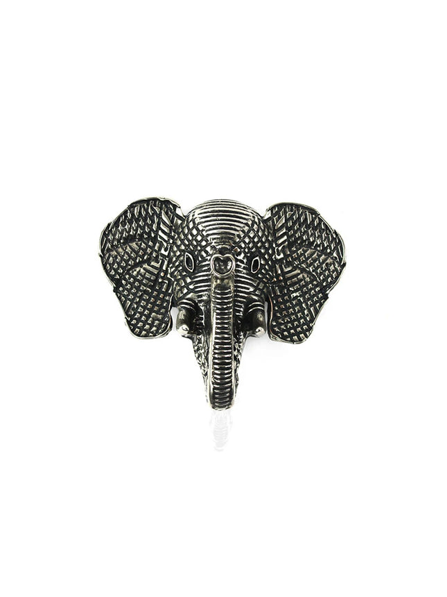 Hebilla de metal con forma de cabeza de elefante texturizada en acabado plata vieja.