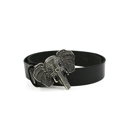 Hebilla de metal con forma de cabeza de elefante texturizada en acabado plata vieja.