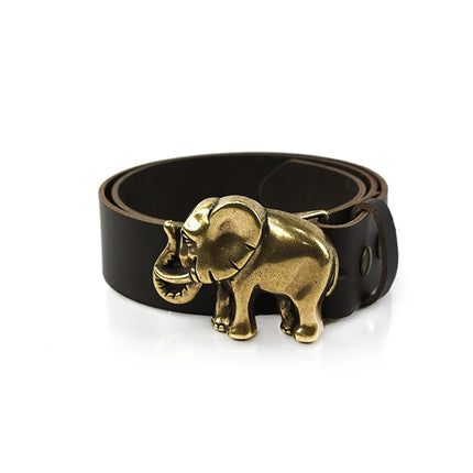 Hebilla de metal con forma de elefante de cuerpo entero y acabado en latón antiguo.