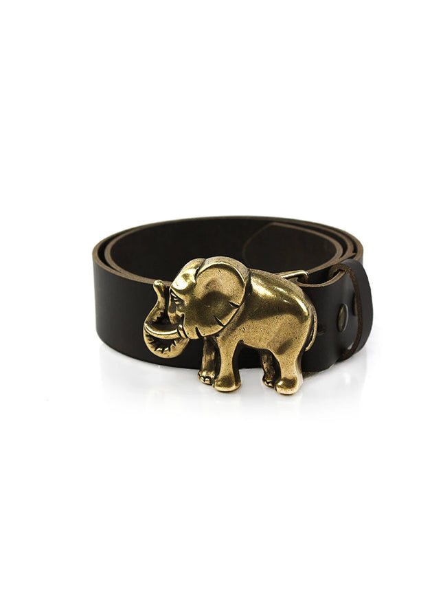Hebilla de metal con forma de elefante de cuerpo entero y acabado en latón antiguo.