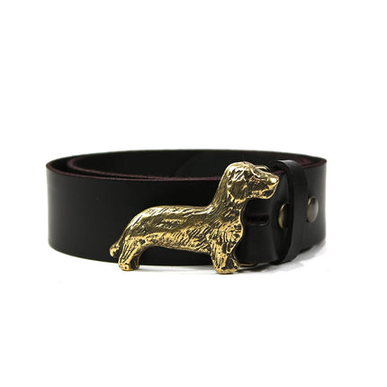 Hebilla de cinturón con diseño de perro Teckel y acabado en latón antiguo.