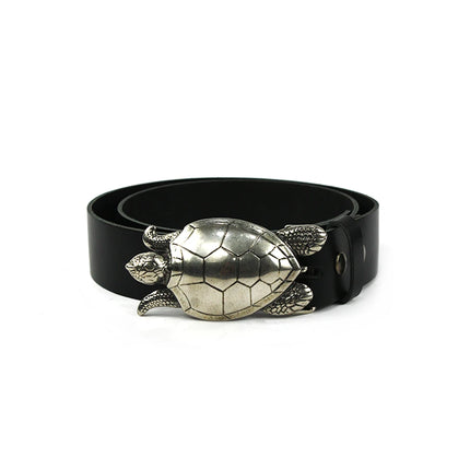 Hebilla para cinturón con forma de tortuga marina y acabado detallado en plata vieja.