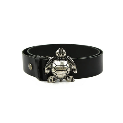 Hebilla para cinturón con forma de tortuga y acabado en plata vieja.